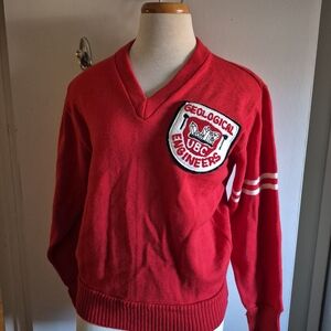 Red V-Neck Sweater with Embroidered Patch